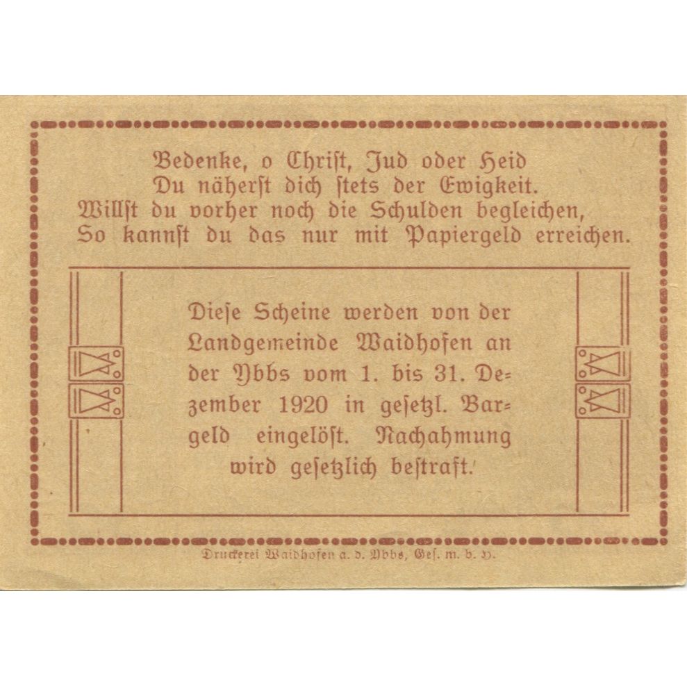 Billete, Austria, Waidhofen an der Ybbs, 30 Heller, Usine, 1920 SC Mehl:FS 1126a