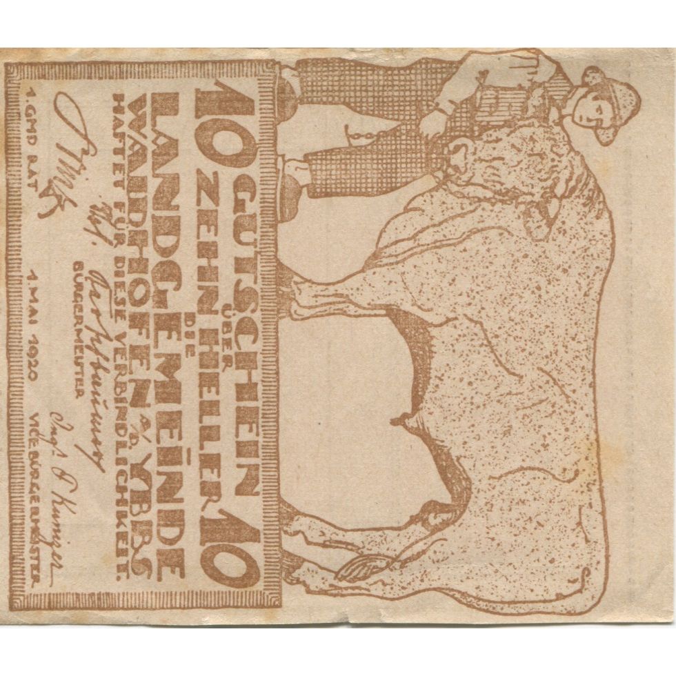 Billete, Austria, Waidhofen an der Ybbs, 10 Heller, Boeuf 1920 SC Mehl:FS 1126a