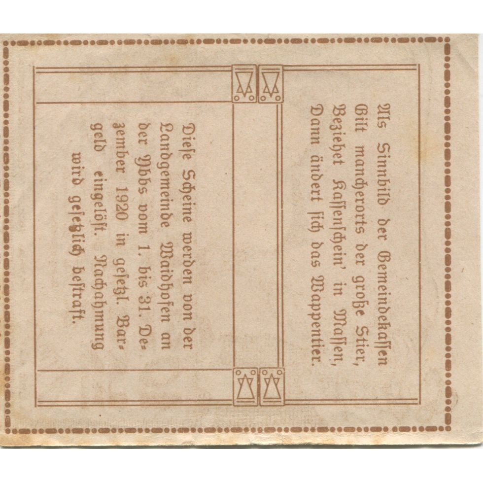Billete, Austria, Waidhofen an der Ybbs, 10 Heller, Boeuf 1920 SC Mehl:FS 1126a