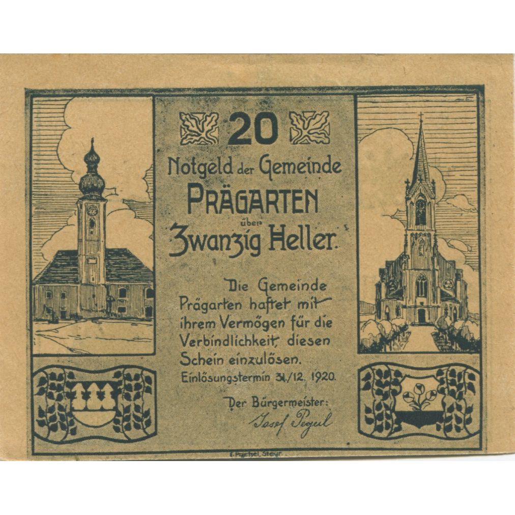 Billete, Austria, Prägarten, 20 Heller, Eglise 1920-12-31, SC Mehl:FS 777d
