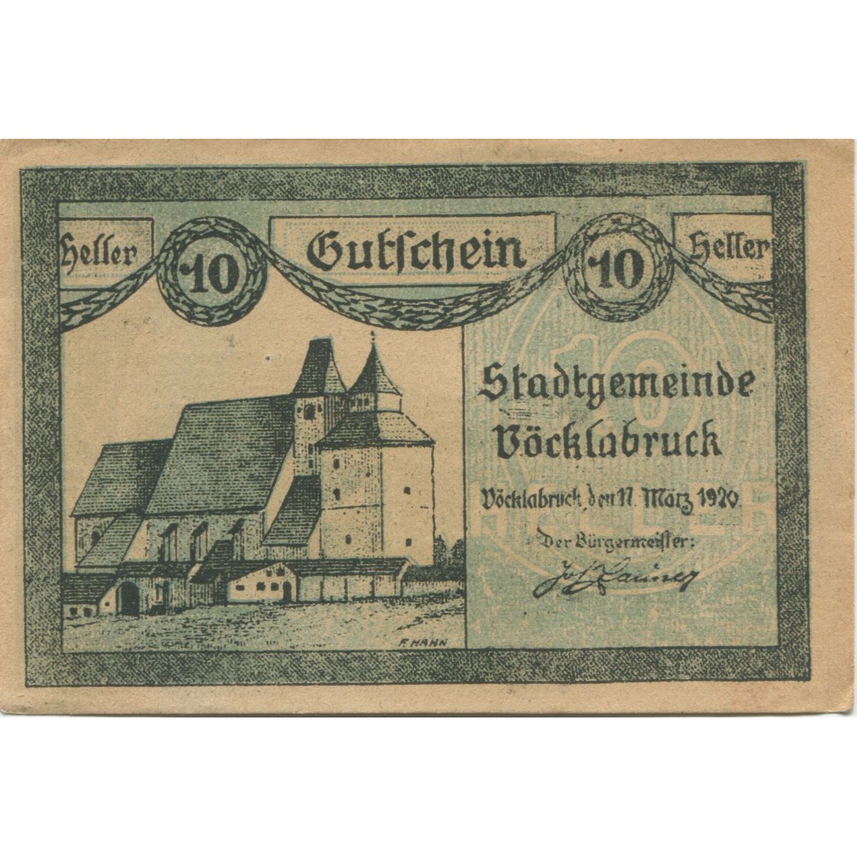 Billete, Austria, Vocklabruck, 10 Heller, château, 1920 SC Mehl:FS 1116IIb