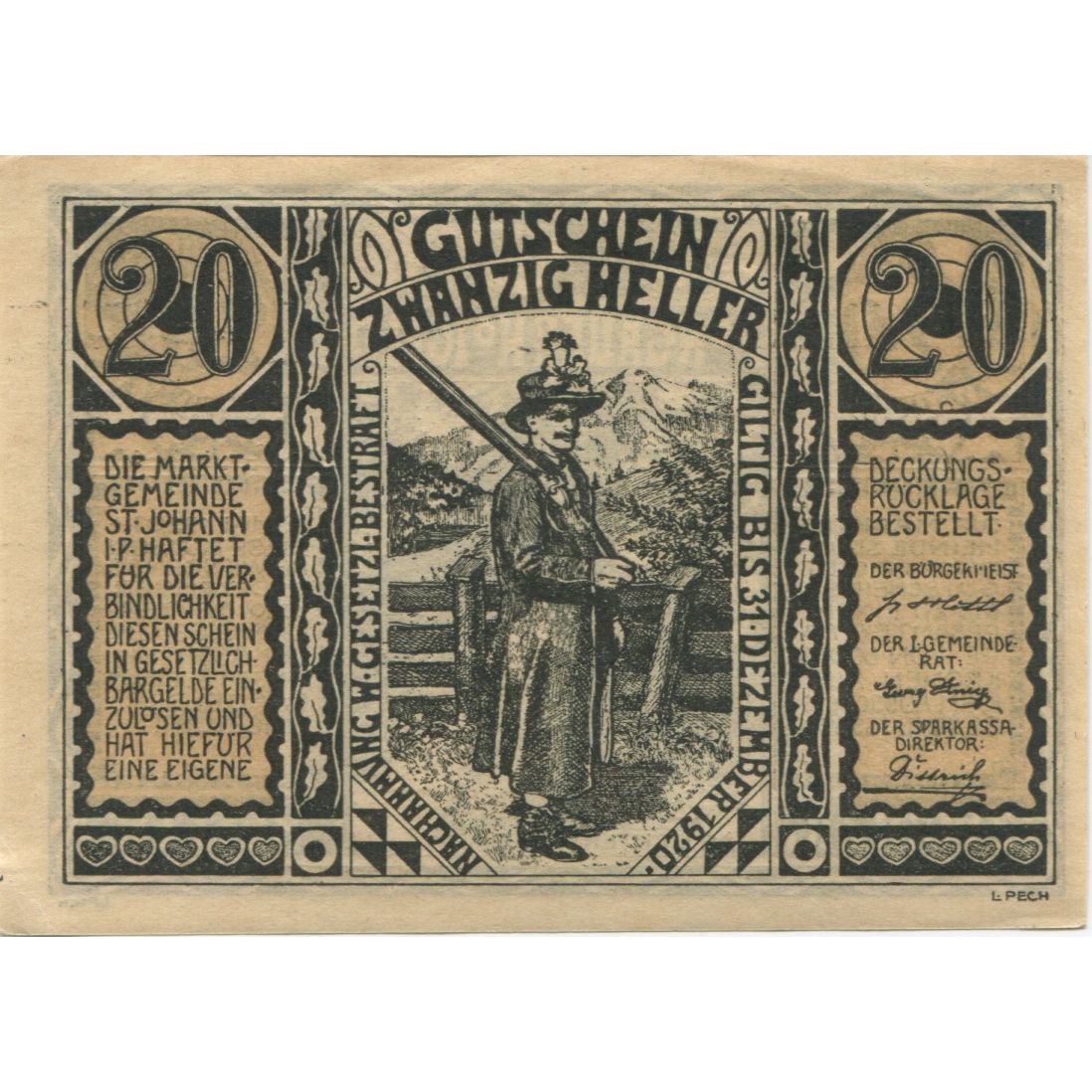 Billete, Austria, St Johann, 20 Heller, pont, 1920, 1920-12-31, SC, Mehl:FS 895a