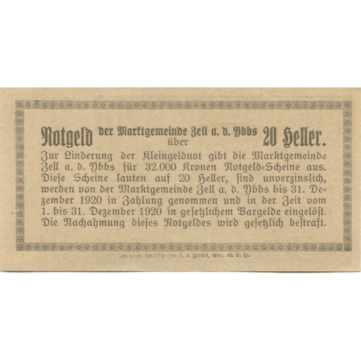Billete, Austria, Zell a/d Ybbs, 20 Heller, village, 1920 SC Mehl:FS 1272aC