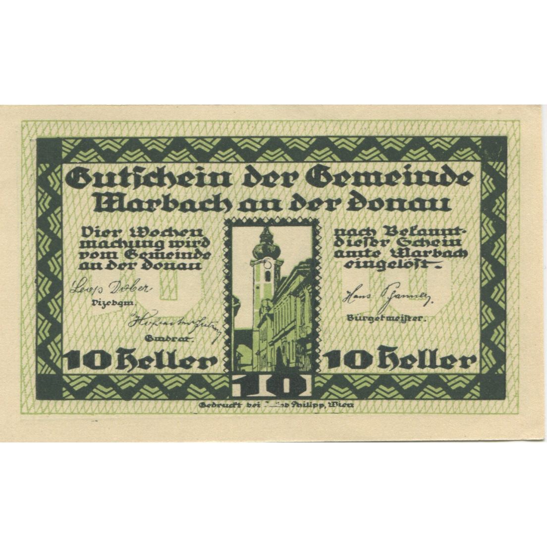 Billete, Austria, Marbach a/d Donau, 10 Heller, Eglise, 1920, SC Mehl:FS 579II