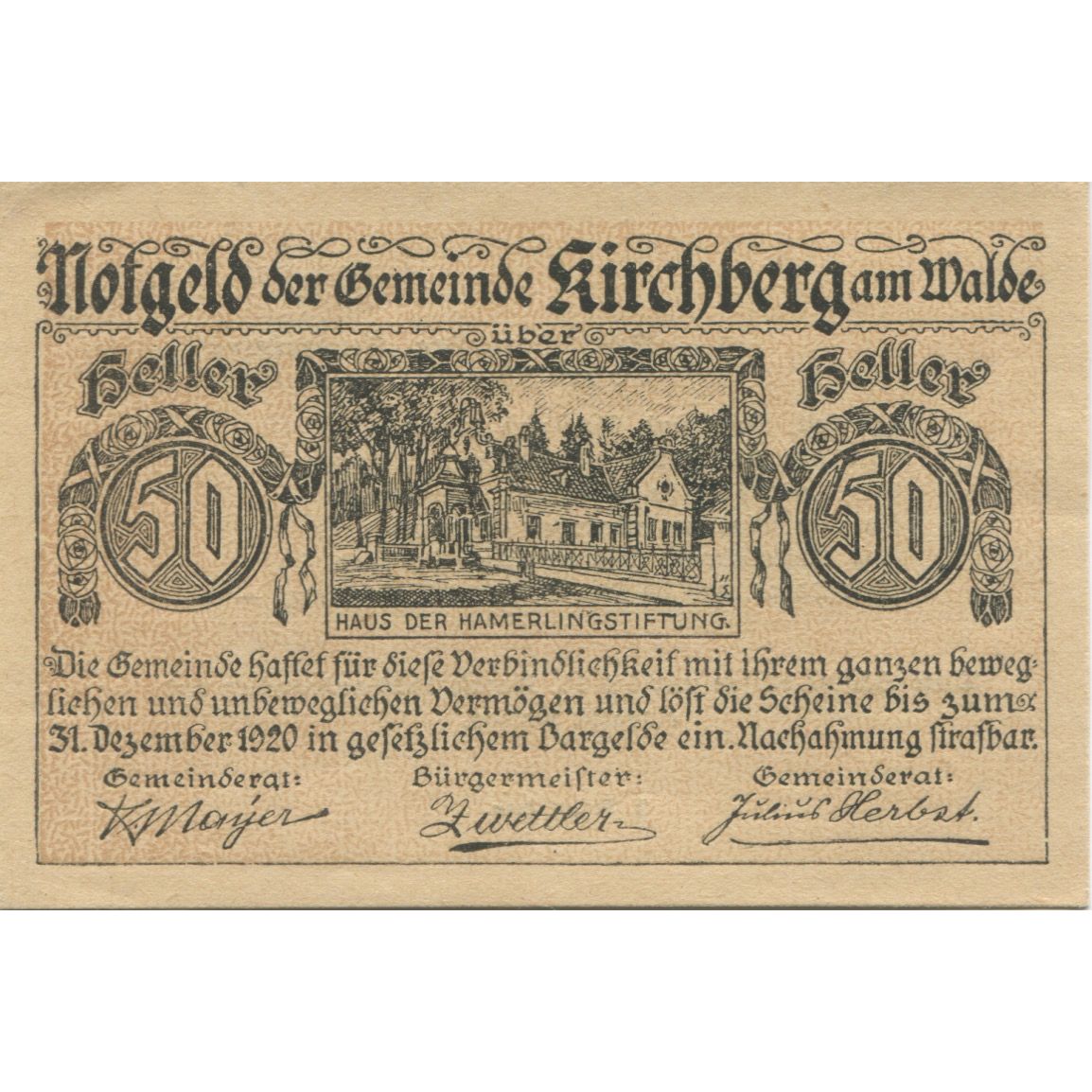 Billete, Austria, Kirchberg, 50 Heller, manoir 1920-12-31, SC, Mehl:FS 440a