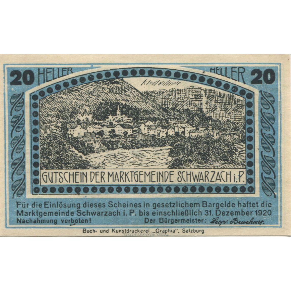 Billete, Austria, Schwarzach, 20 Heller, paysage 1920-12-31, SC, Mehl:FS 978