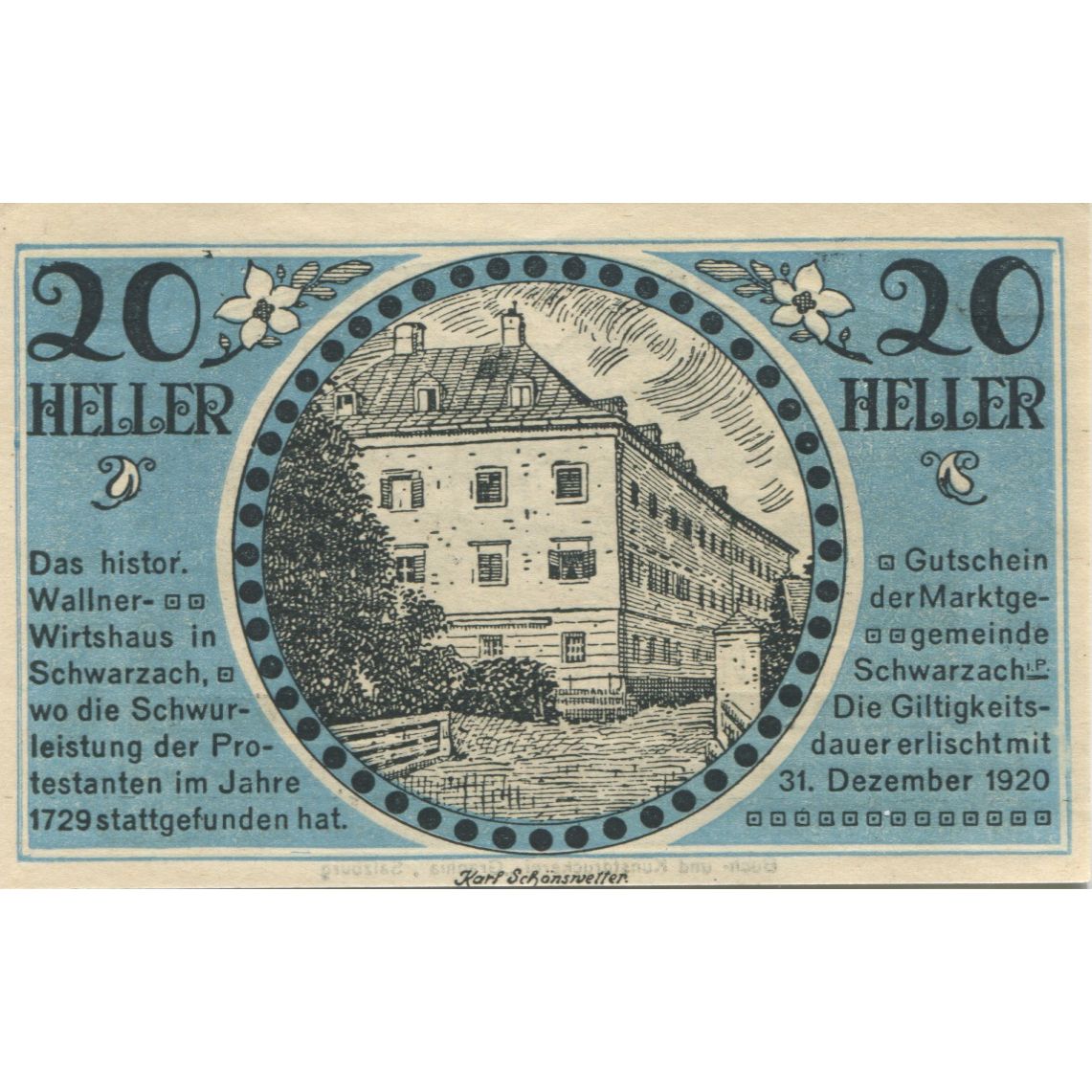 Billete, Austria, Schwarzach, 20 Heller, paysage 1920-12-31, SC, Mehl:FS 978
