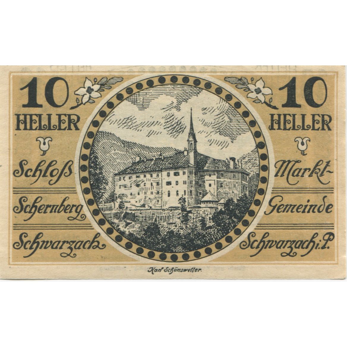 Biljet, Oostenrijk, Schwarzach, 10 Heller, château, 1920 SPL Mehl:FS 978