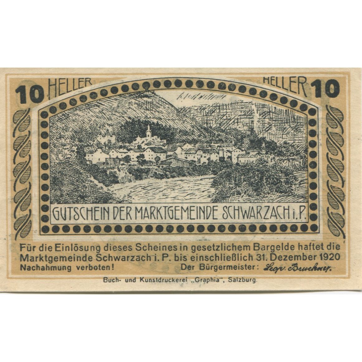 Biljet, Oostenrijk, Schwarzach, 10 Heller, château, 1920 SPL Mehl:FS 978