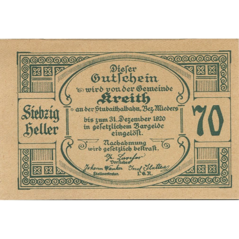 Billete, Austria, Kreith, 70 Heller, pont, 1920, 1920-12-31, SC, Mehl:FS 471a
