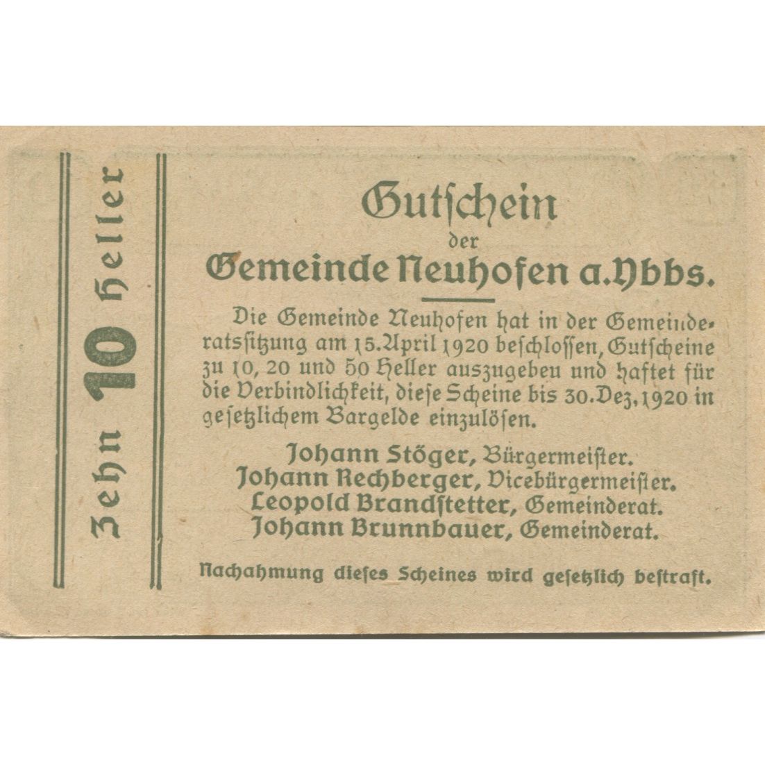 Geldschein, Österreich, Neuhofen, 10 Heller, paysage 1920 UNZ- Mehl:FS 650d