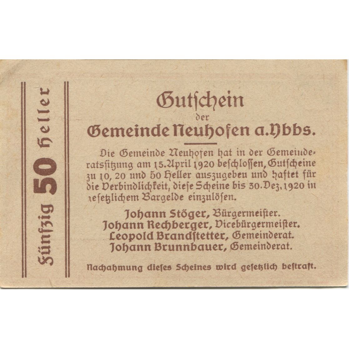 Banknot, Austria, Neuhofen, 50 Heller, village 1920-12-30, UNC(63) Mehl:FS 650d