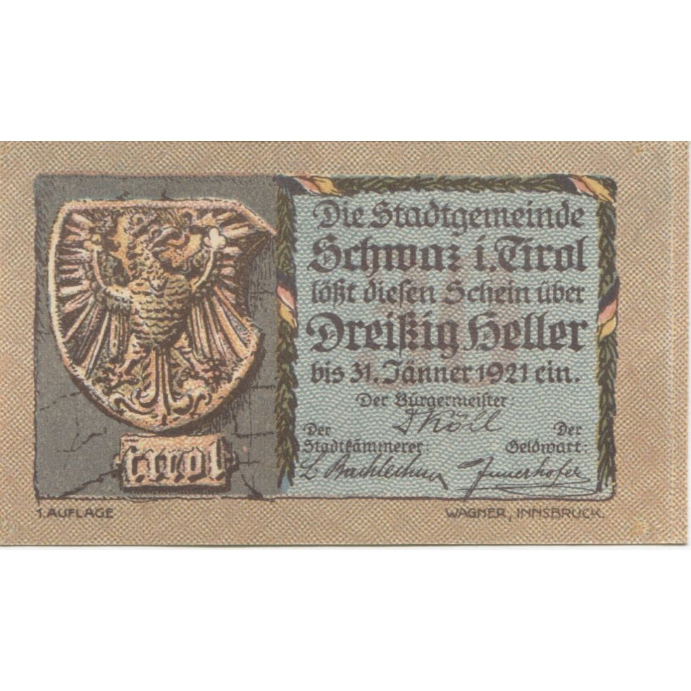 Banconote, Austria, Schwaz, 30 Heller, Blason 1920-12-31, SPL, Mehl:FS 983a
