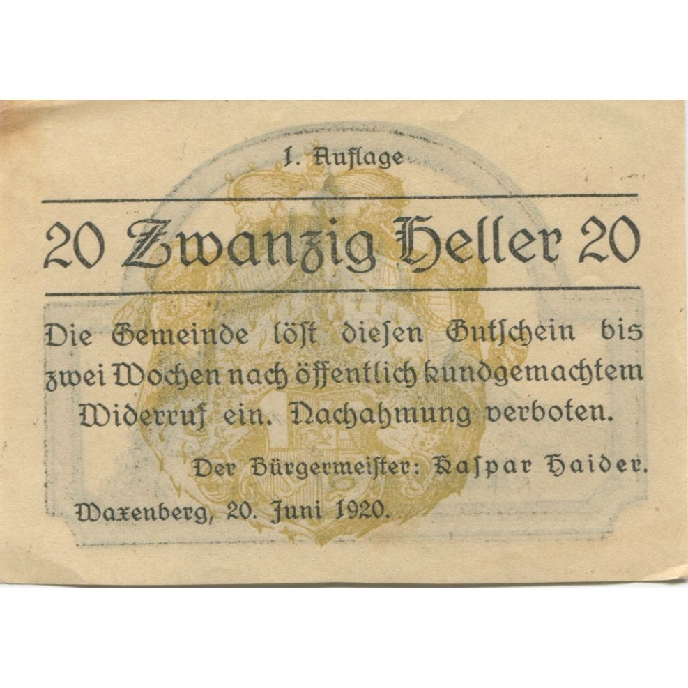 Banknot, Austria, Waxenberg, 20 Heller, château, 1920, UNC(60-62) Mehl:FS 1144I