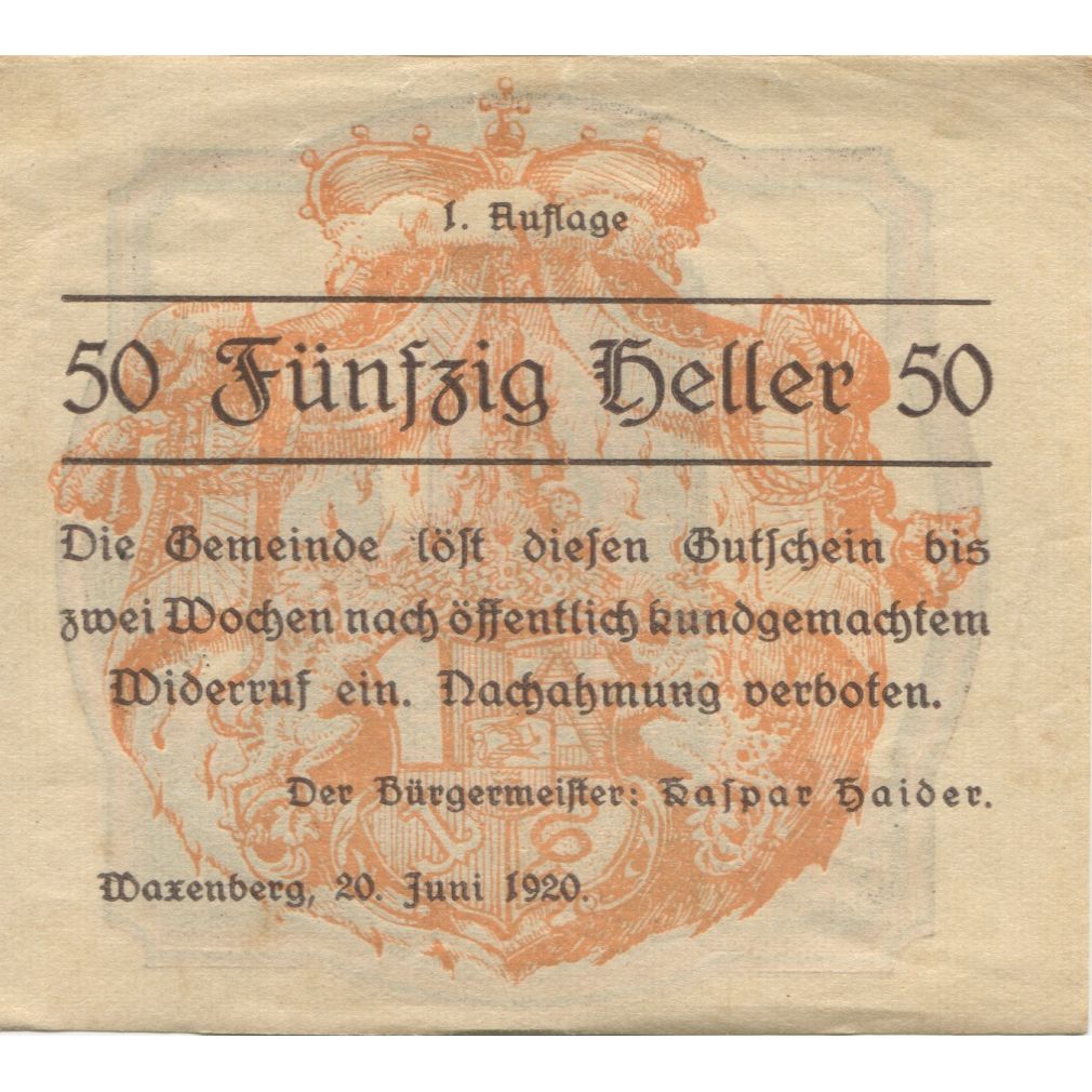 Billete, Austria, Waxenberg, 50 Heller, ruine, 1920, EBC, Mehl:FS 1144I