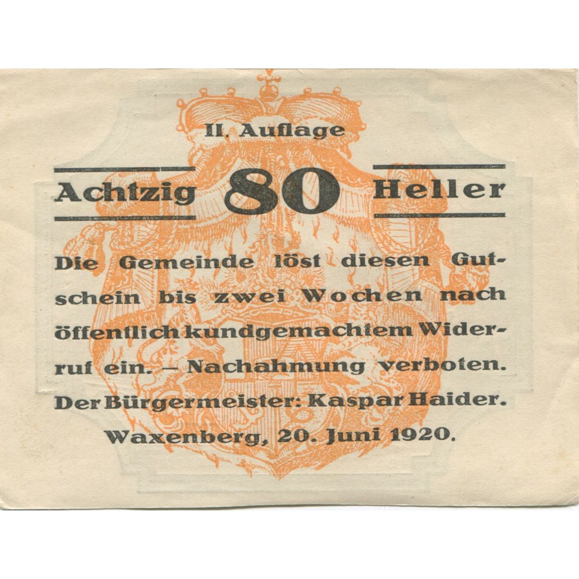 Banconote, Austria, Waxenberg, 80 Heller, place, 1920, SPL-, Mehl:FS 1144II