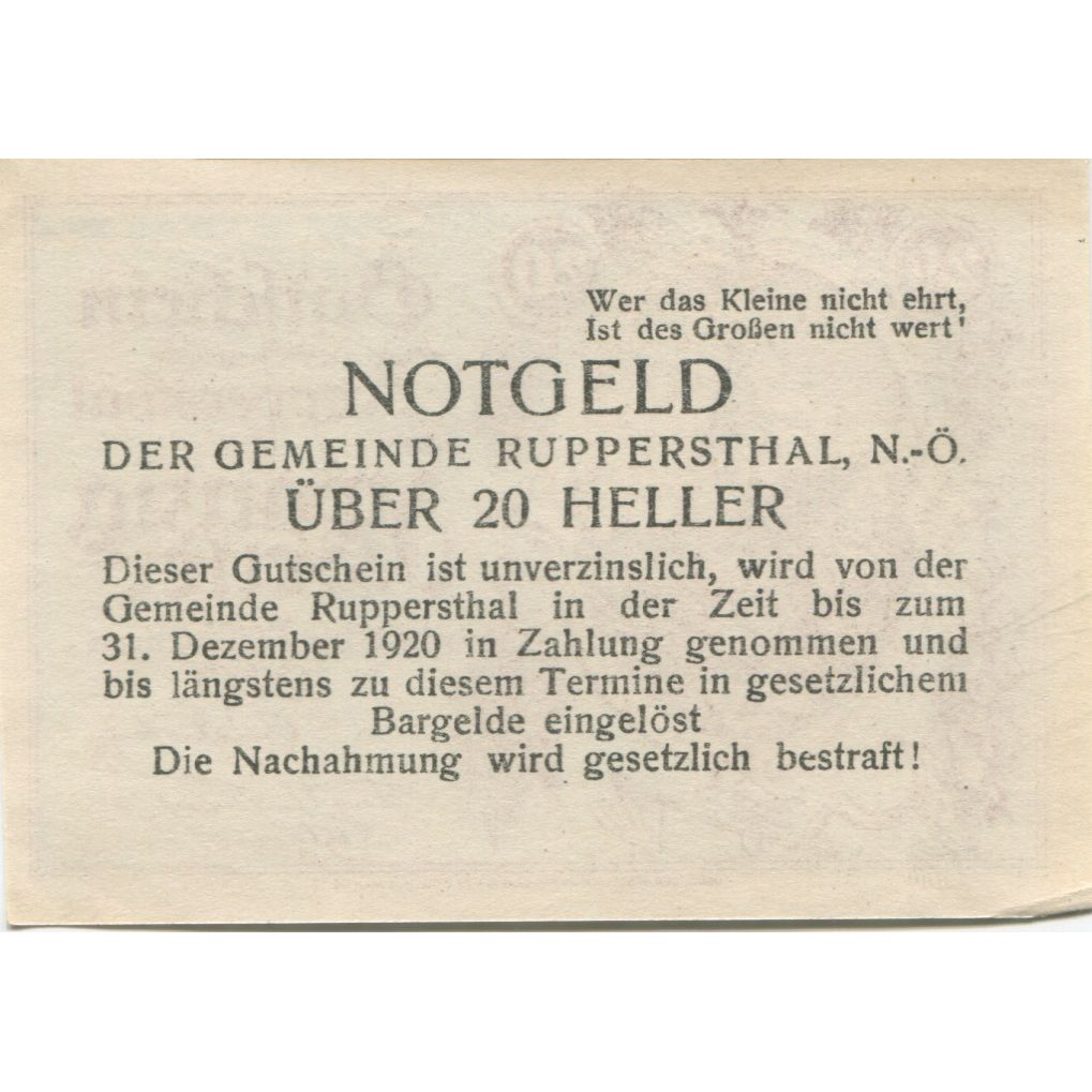 Biljet, Oostenrijk, Ruppersthal, 20 Heller, Eglise 1920-12-31, SPL Mehl:FS 854a