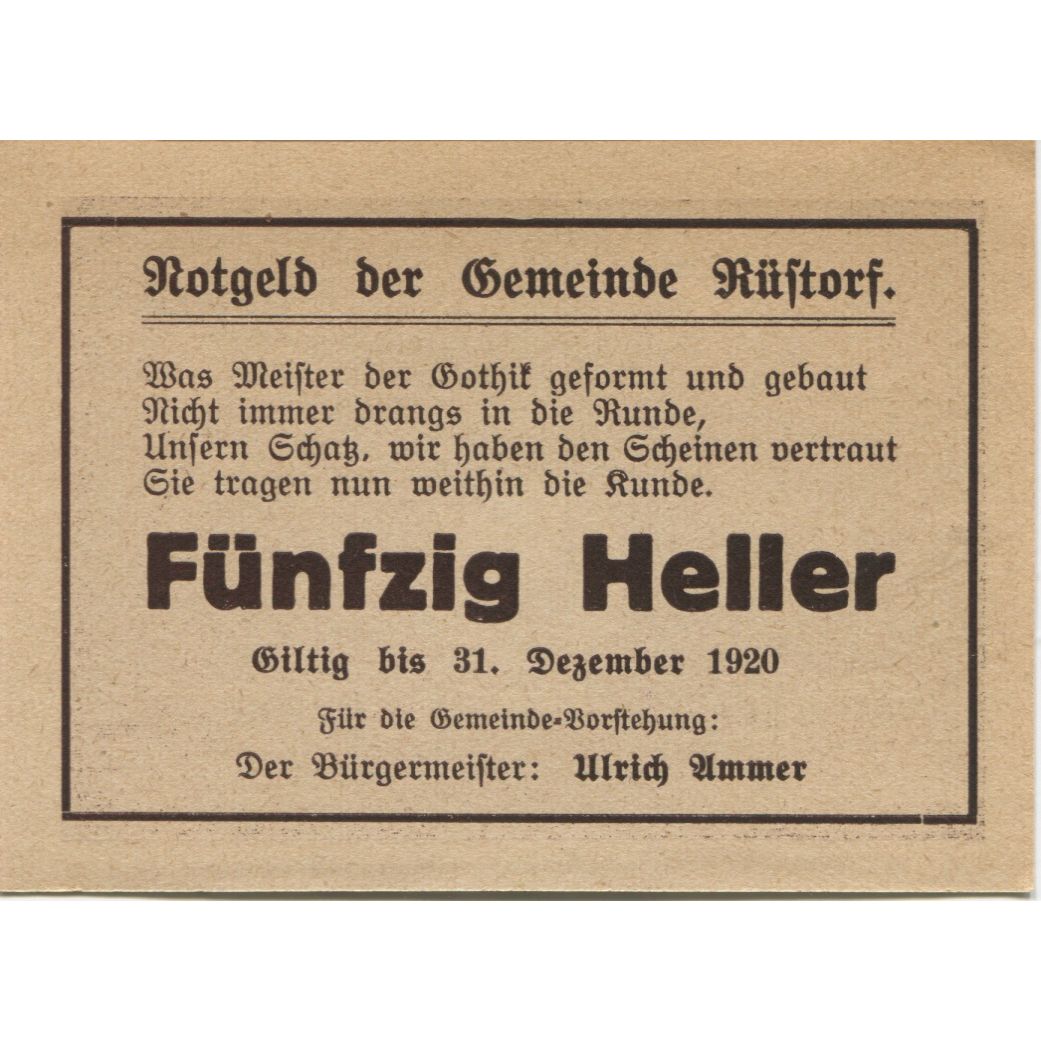 Biljet, Oostenrijk, Rustorf, 50 Heller, porte 1920-12-31, SPL, Mehl:FS 856I