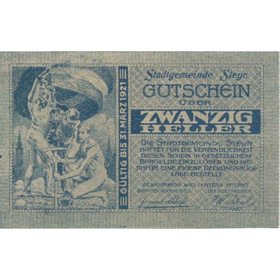 Billete, Austria, Steyr, 20 Heller, Blason 1920-03-31, SC Mehl:FS 1034IIb