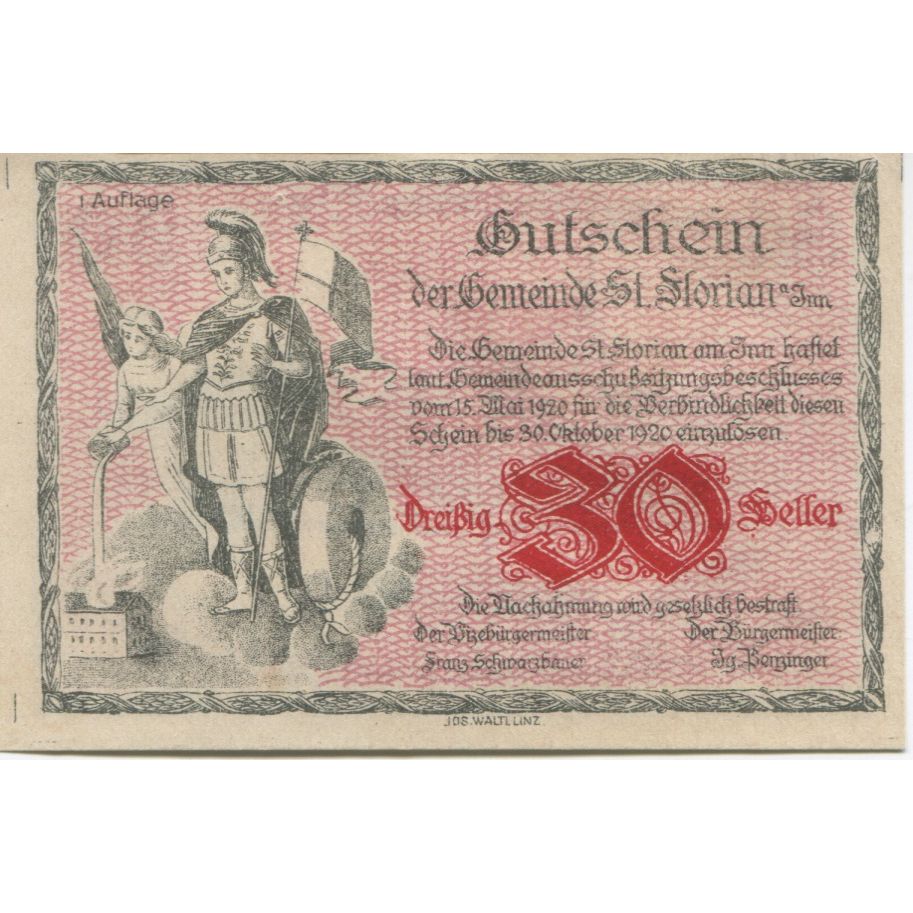 Banknot, Austria, St Florian, 30 Heller, personnage, 1920 UNC(63) Mehl:FS 881a