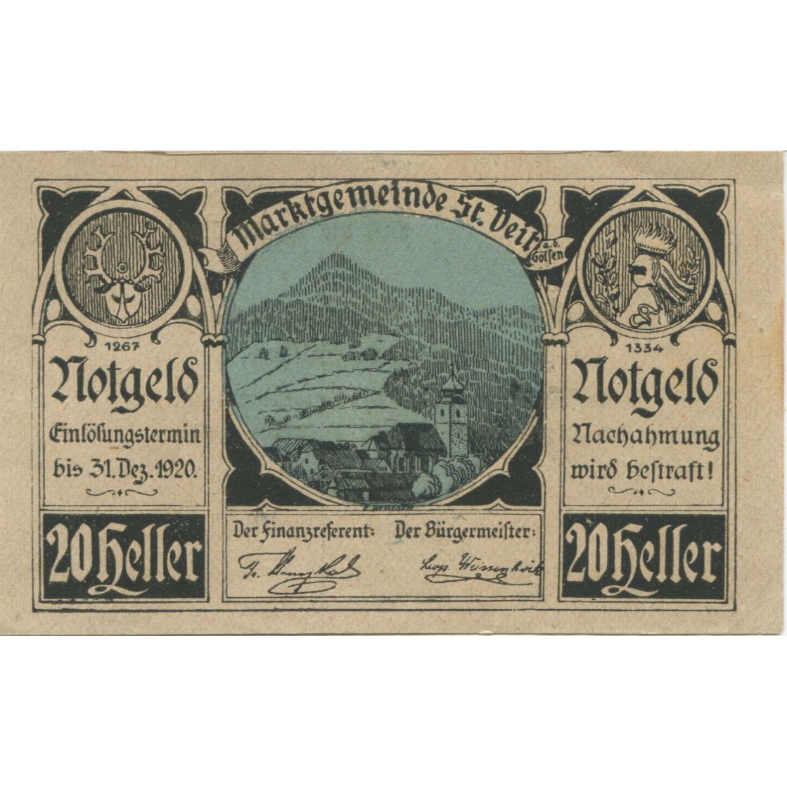 Banknote, Austria, St Veit, 20 Heller, montagne, 1920 UNC(63) Mehl:FS 942a