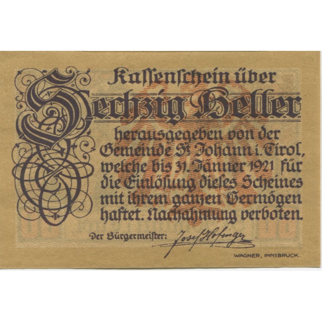 Banknote, Austria, St Johann, 60 Heller, Eglise, 1920 UNC(63) Mehl:FS 898b
