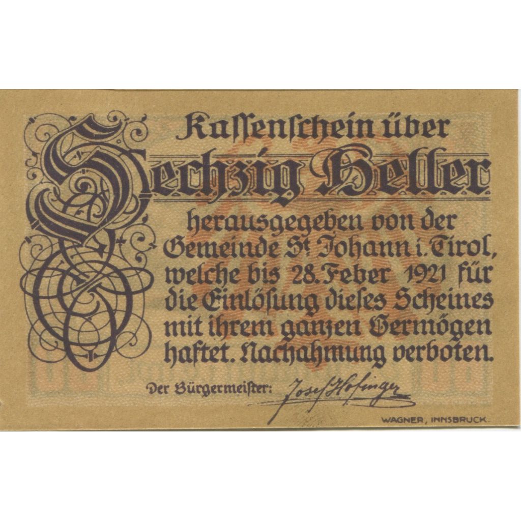 Nota, Áustria, St Johann, 60 Heller, montagne 1921-01-31, UNC(63) Mehl:FS 898b