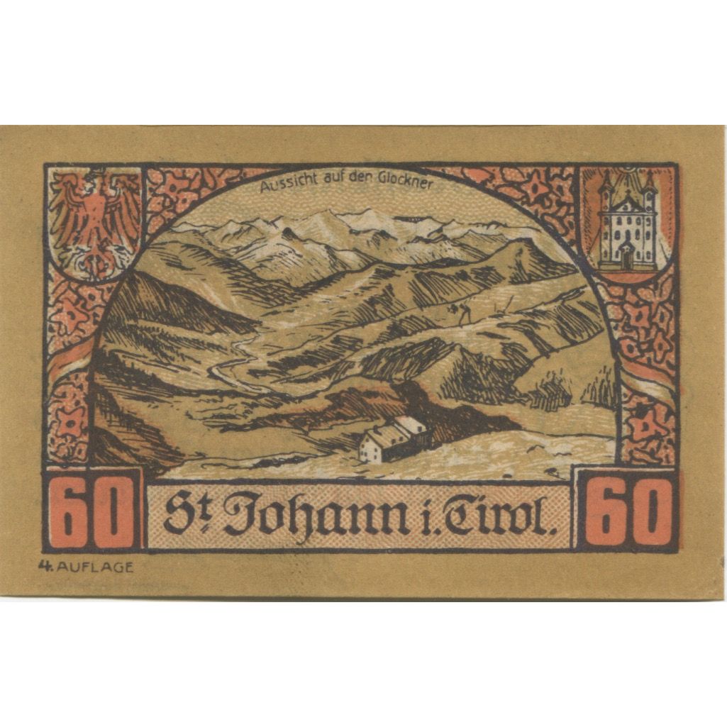Nota, Áustria, St Johann, 60 Heller, montagne 1921-01-31, UNC(63) Mehl:FS 898b