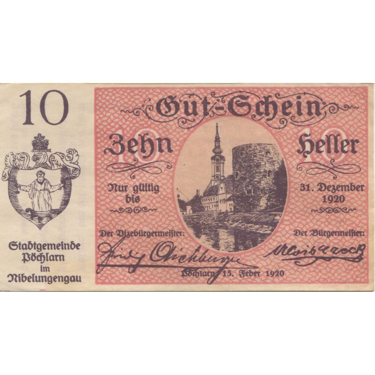 Nota, Áustria, Pochlarn, 10 Heller, château 1920-12-31, UNC(63) Mehl:FS 755II