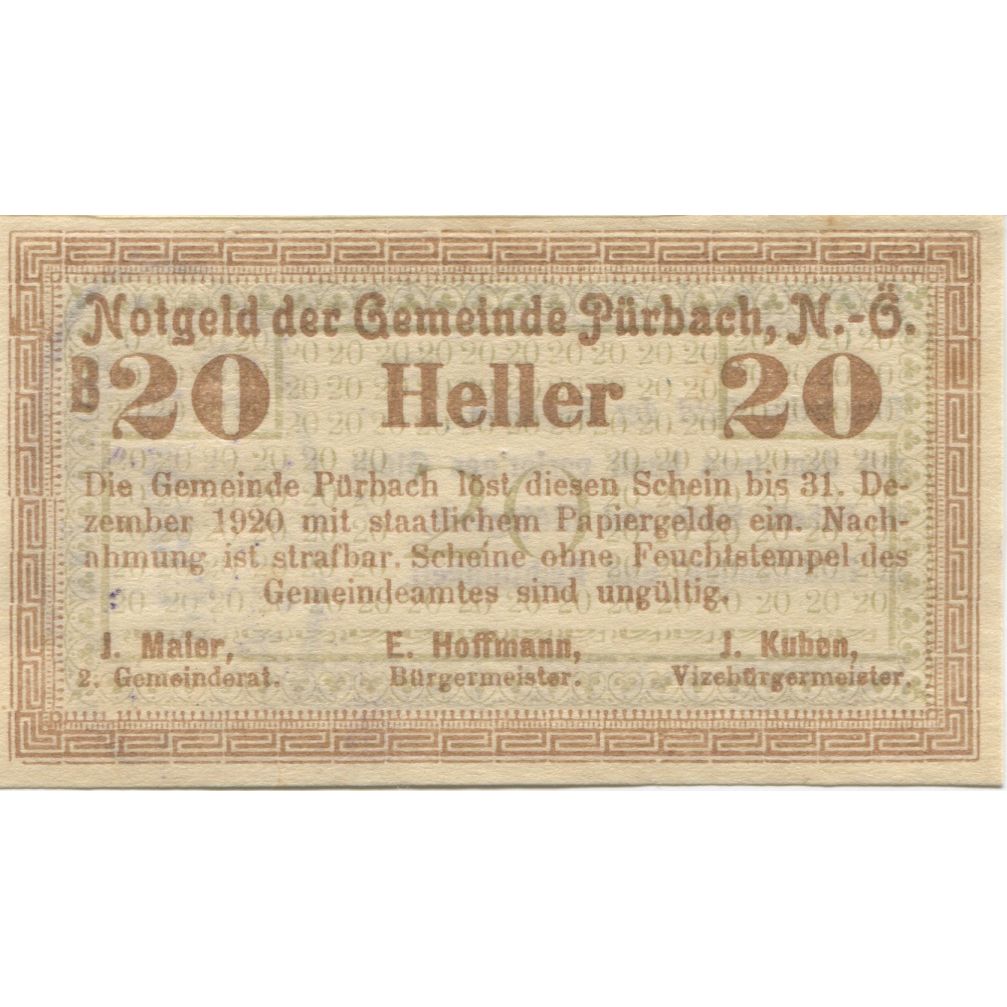 Banknot, Austria, Pürbach, 20 Heller, valeur faciale, 1920 SPL Mehl:FS 793II