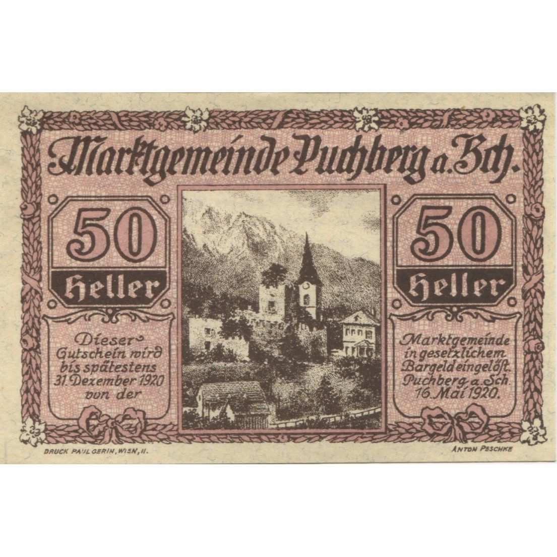 Banknote, Austria, Puchberg, 50 Heller, Eglise 1920-12-31, UNC(63) Mehl:FS 786b