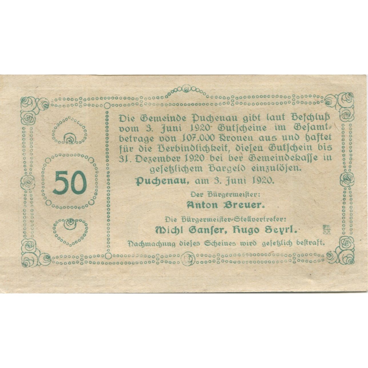 Banconote, Austria, Puchenau, 50 Heller, Forêt 1920-12-31, SPL Mehl:FS 788IIb