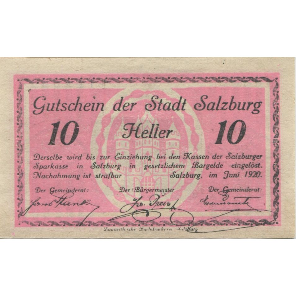 Banknot, Austria, Salzburg, 10 Heller, château, 1920, UNC(63), Mehl:FS 862a