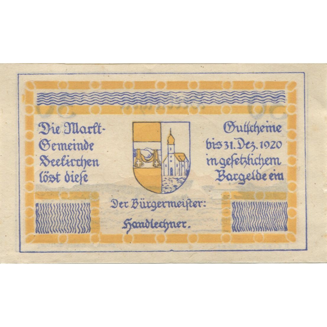 Banconote, Austria, Seekirchen, 30 Heller, Blason, 1920 SPL Mehl:FS 987a