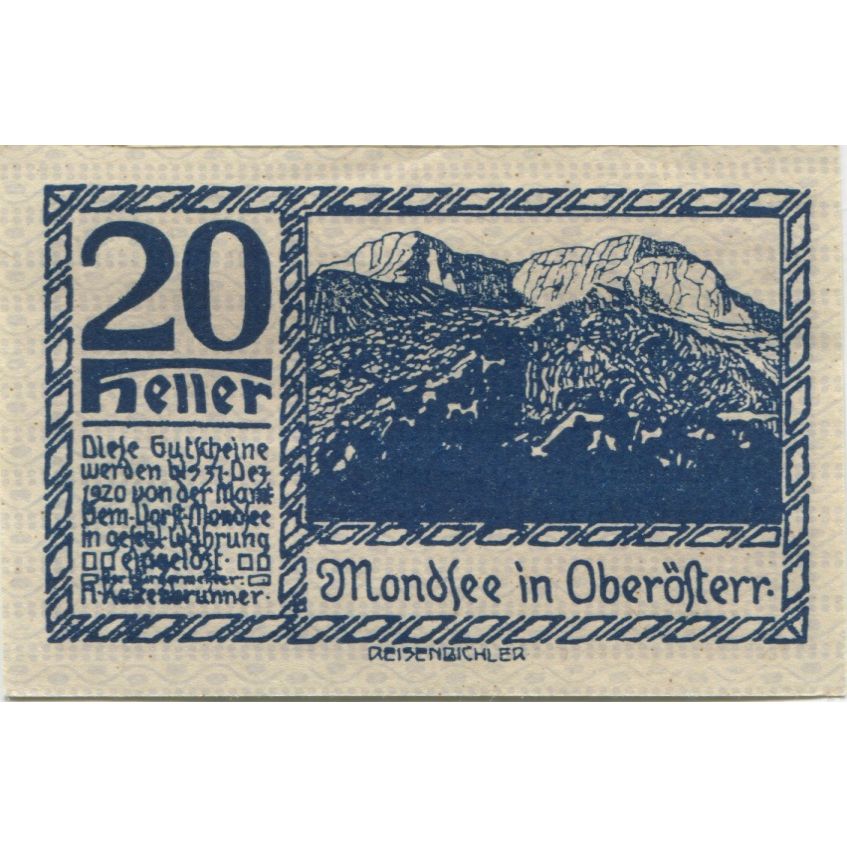 Banconote, Austria, Mondsee, 20 Heller, montagne 1920-12-31, SPL Mehl:FS 626a1