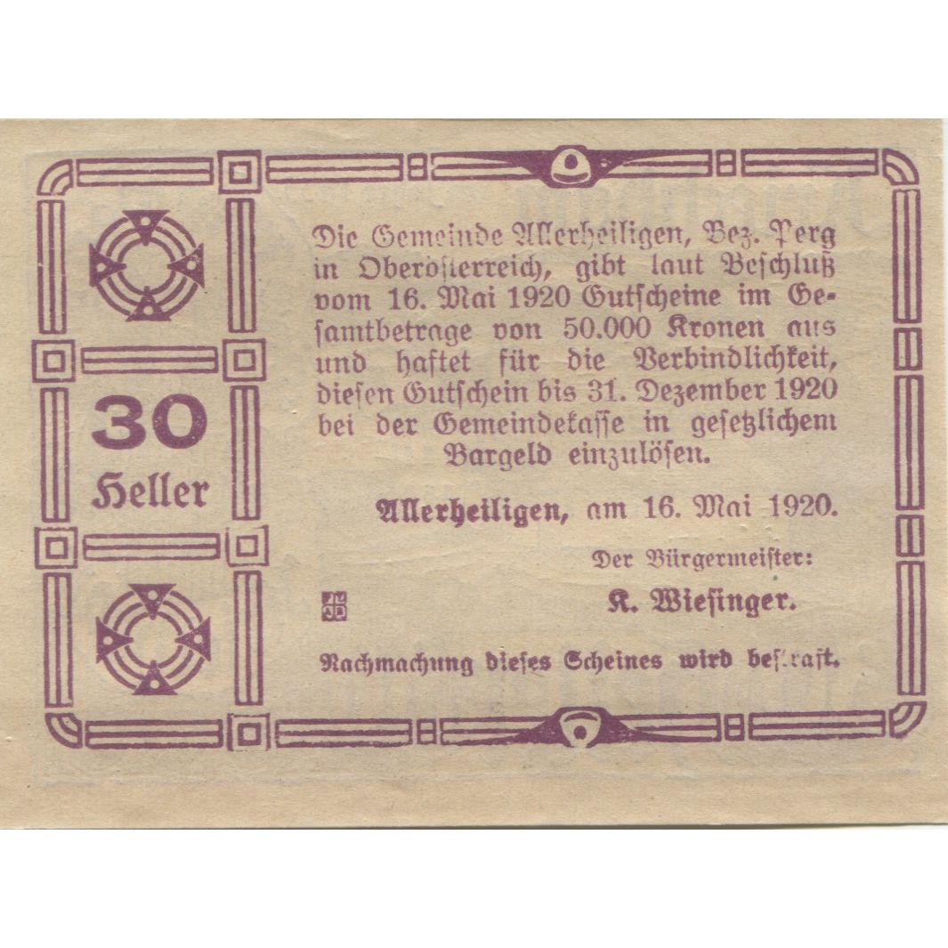 Banknot, Austria, Kriechbam, 30 Heller, Blason 1920-05-16, UNC(63) Mehl:FS 21a