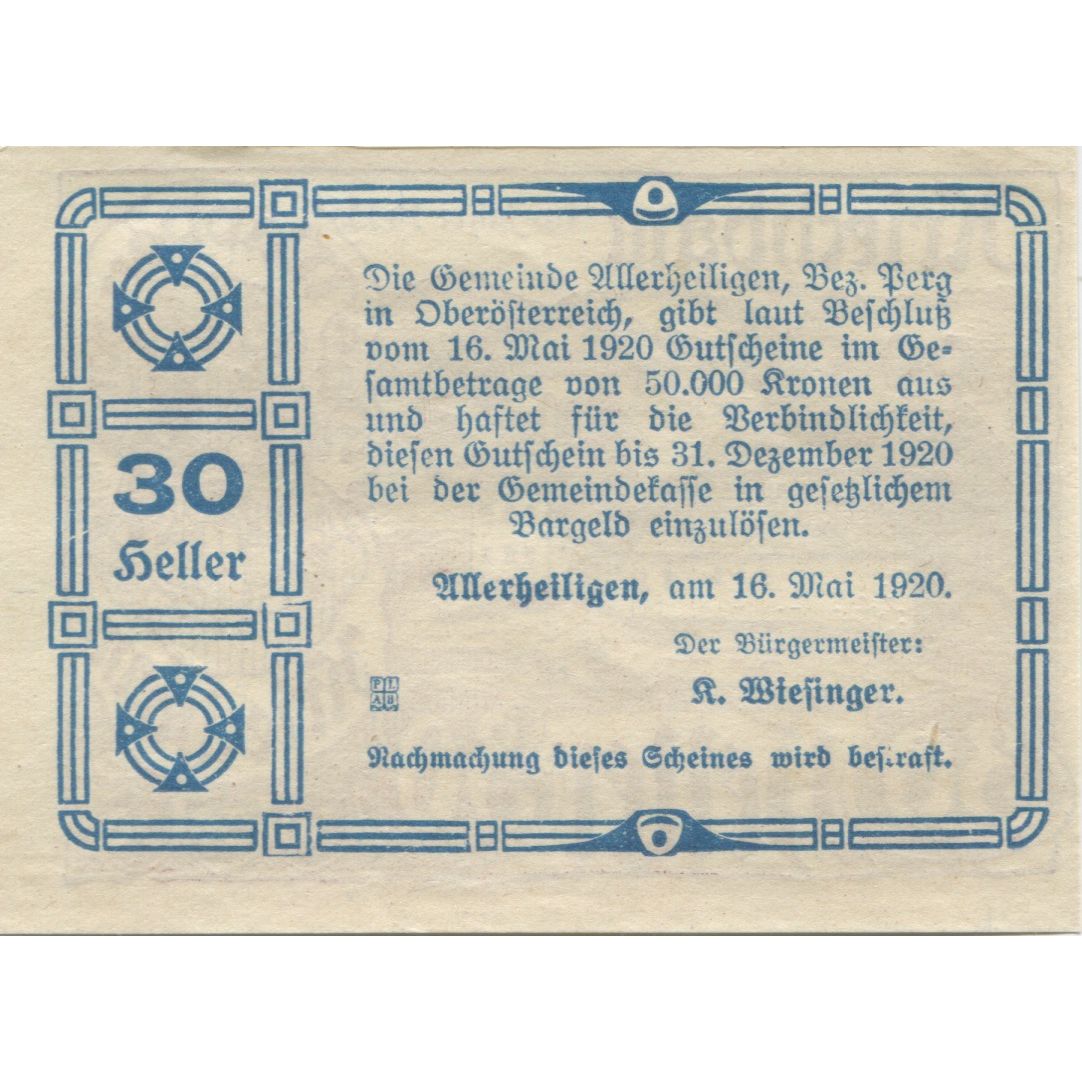 Banknot, Austria, Kriechbam, 30 Heller, château 1920-05-16, UNC(63) Mehl:FS 21a