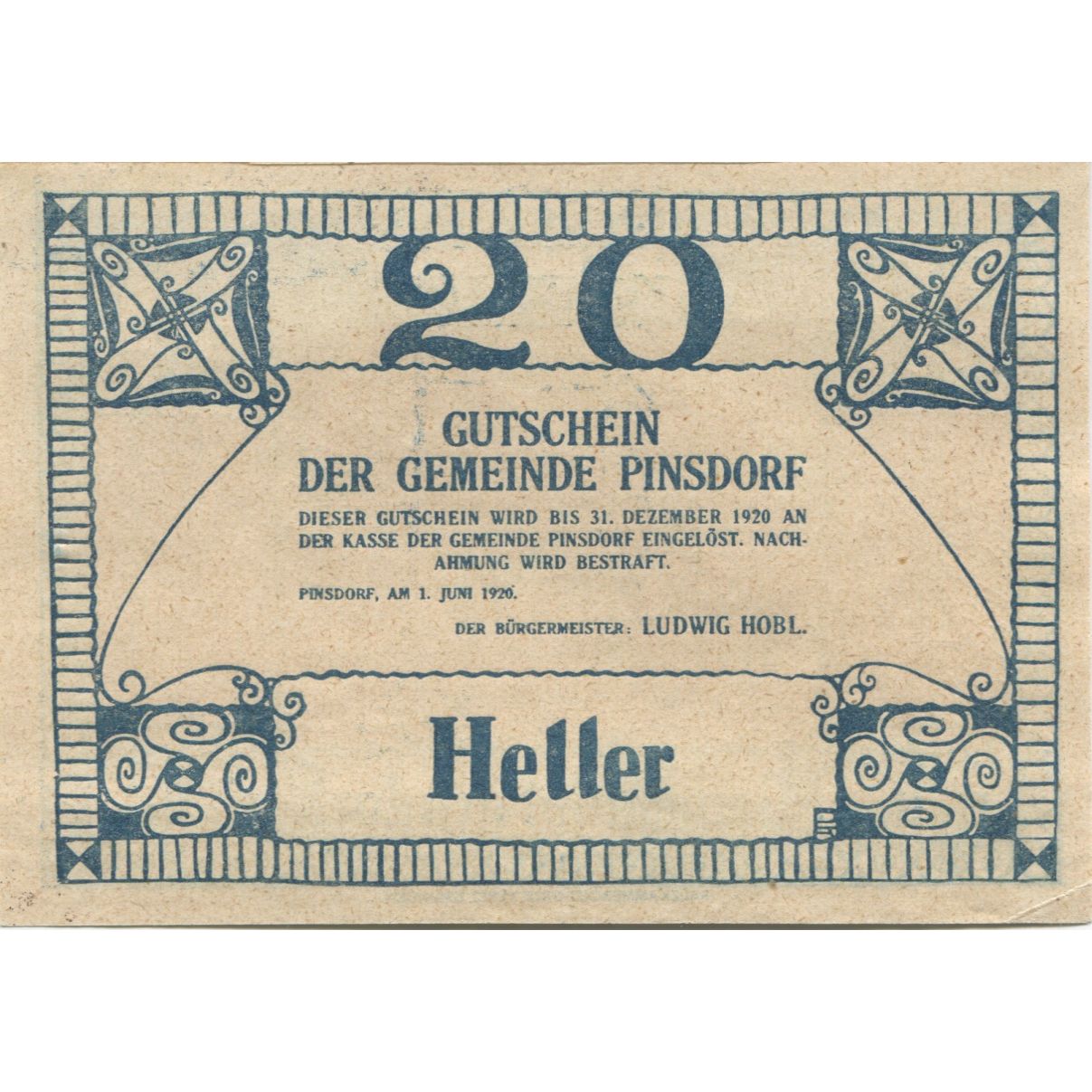 Nota, Áustria, Pinsdorf, 20 Heller, ferme 1920-12-31, UNC(63), Mehl:FS 750