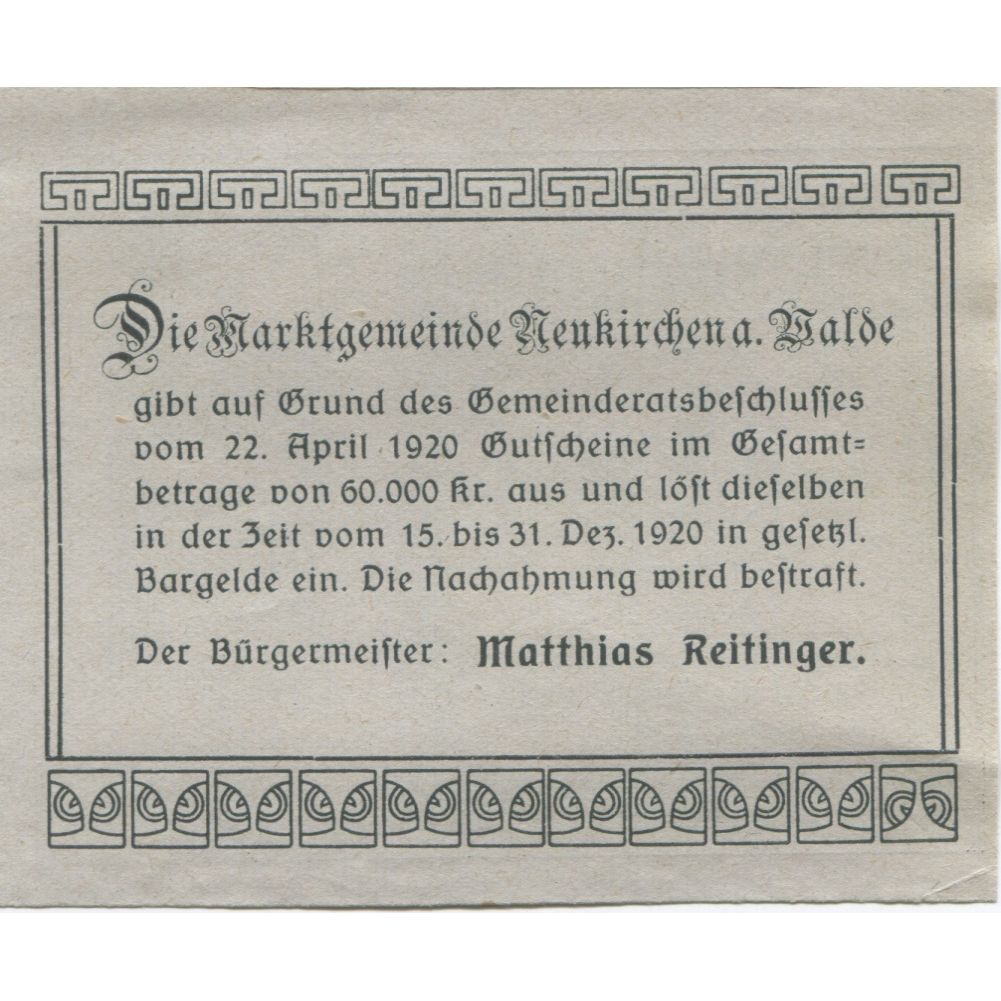 Billet, Autriche, Neukirchen, 50 Heller, Eglise 1921-12-31, SPL Mehl:FS 655Ia