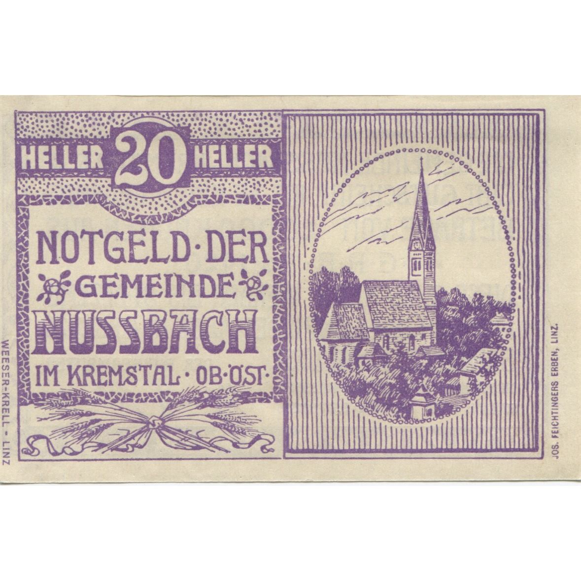 Banknot, Austria, Nussbach, 20 Heller, Eglise, 1920-12-31, UNC(63) Mehl:FS 676