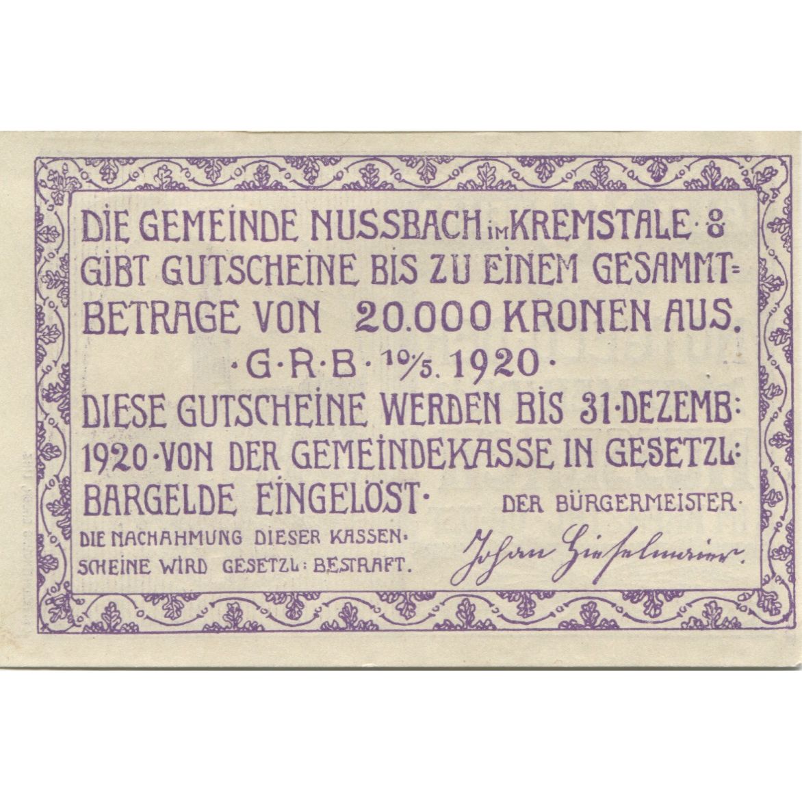 Banknot, Austria, Nussbach, 20 Heller, Eglise, 1920-12-31, UNC(63) Mehl:FS 676