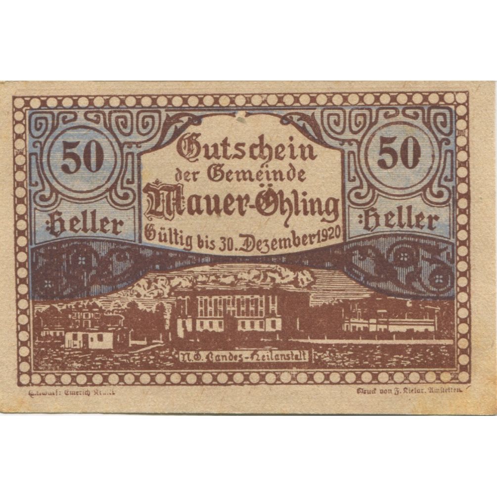 Billet, Autriche, Mauer Ohling, 50 Heller, paysage 1920-12-31, SPL Mehl:FS 599e