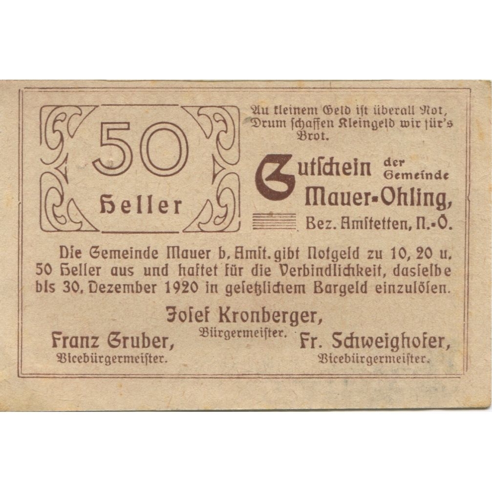 Billet, Autriche, Mauer Ohling, 50 Heller, paysage 1920-12-31, SPL Mehl:FS 599e
