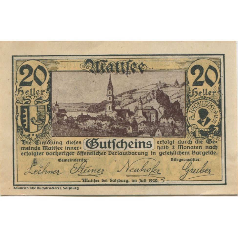 Billet, Autriche, Mattsee, 20 Heller, village, 1920, SPL, Mehl:FS 596a