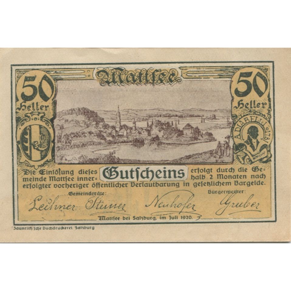 Billet, Autriche, Mattsee, 50 Heller, paysage, 1920, SPL, Mehl:FS 596a