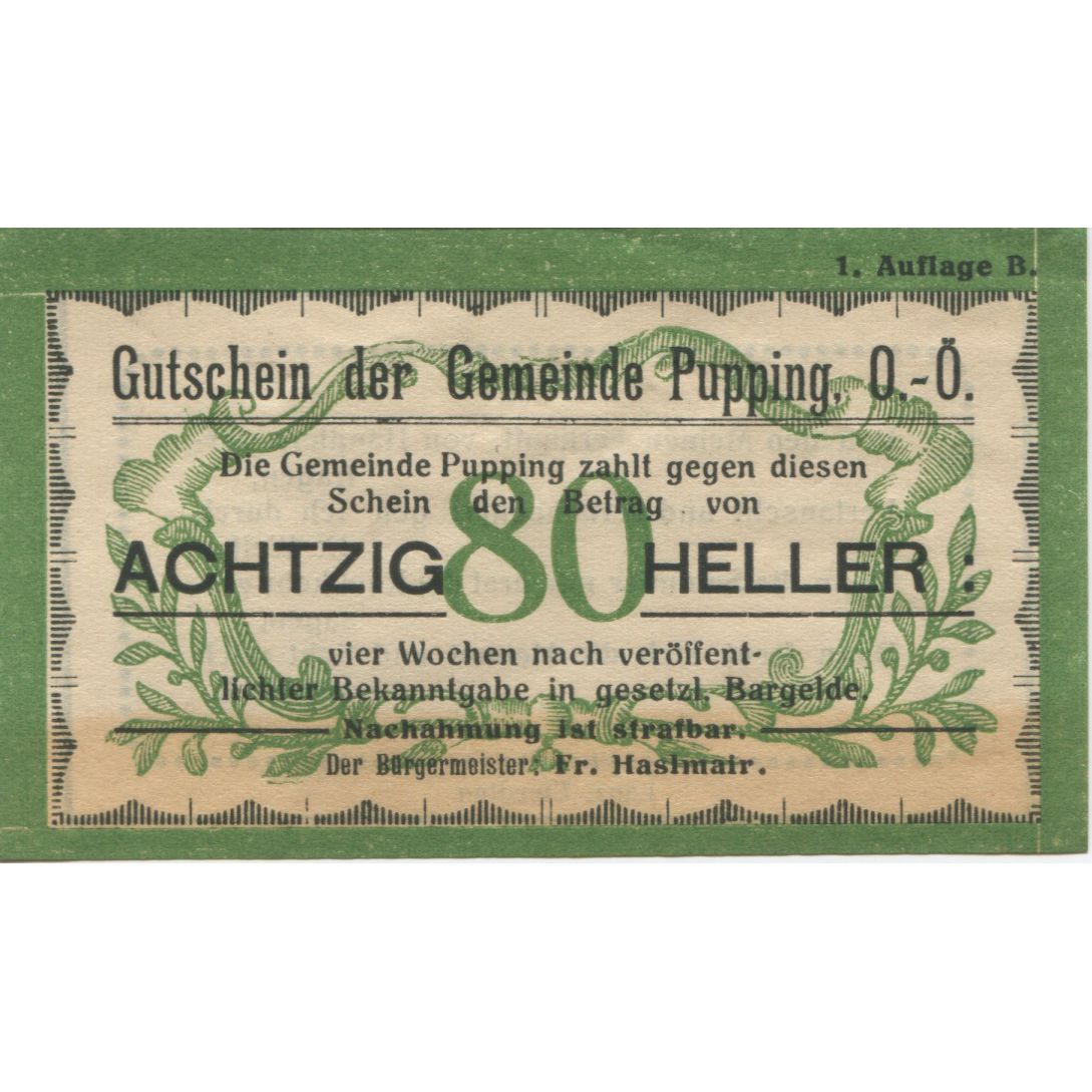 Billet, Autriche, Pupping, 80 Heller, valeur faciale, 1920, SUP, Mehl:FS 792