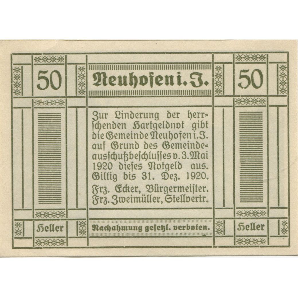 Banconote, Austria, Neuhofen, 50 Heller, Eglise, 1920 SPL, Mehl:FS 652IIa