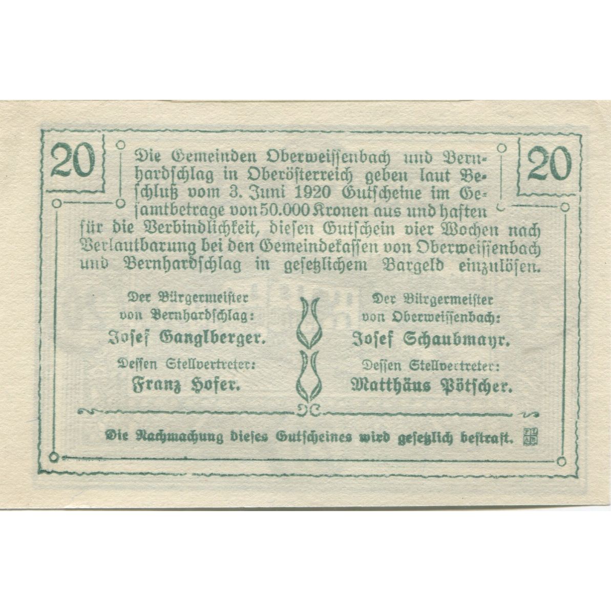 Banconote, Austria, Oberweissenbach, 20 Heller, ferme, 1920, SPL, Mehl:FS 697