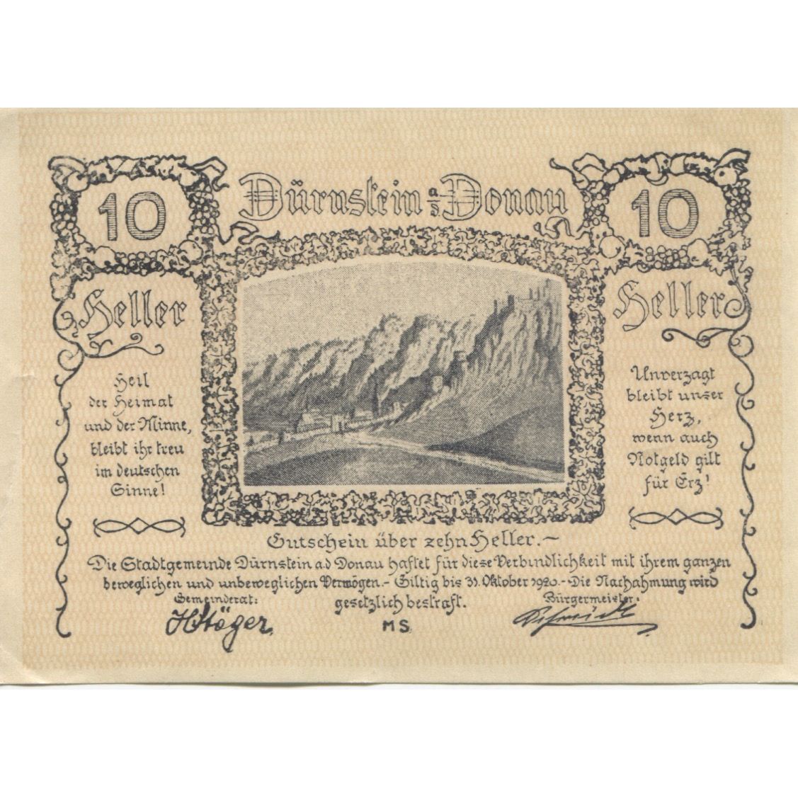 Billet, Autriche, Dürnstein, 10 Heller, montagne 1920-10-31, SPL Mehl:FS 138