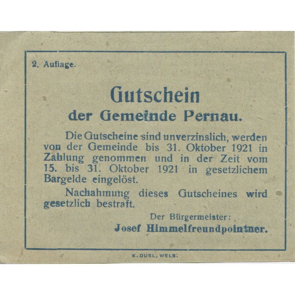 Banconote, Austria, Pernau, 50 Heller, Eglise 1921-10-31, SPL Mehl:FS 734